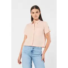 KOAJ - Blusa crop top unicolor con cuello camisero y manga corta MUJER
