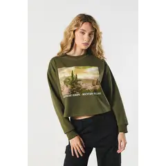 KOAJ - Buzo crop top cuello redondo para mujer, cuello y puños MUJER