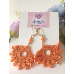 GENERICO - Aretes Tejidos en Crochet Abanico Grande Perlas Naranja