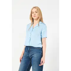 KOAJ - Blusa unicolor crop top con manga corta y botones Mujer