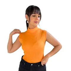 GENERICO - Blusa Naranja Cuello Tortuga Manga Sisa en Tela Rib Acanalado Tubular