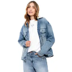 COLOR BLUE - Chaqueta En Denim Con Cuello Ovejero