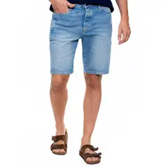 COLOR BLUE - Bermuda En Denim Con Ribetes En Costados