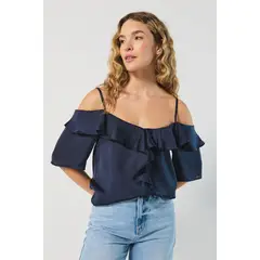 KOAJ - Blusa unicolor con golas, manga 3/4 y hombros descubierto MUJER