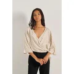 KOAJ - Blusa kaki con manga 3/4, diseños de puntos y escote V Mujer