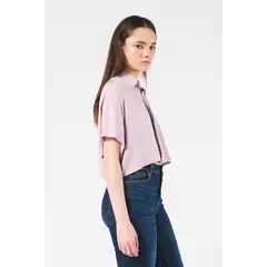 KOAJ - Blusa crop top lila clara con cuello camisero y manga cor MUJER