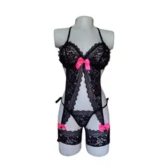 GENERICO - Conjunto sensual ropa interior ligas liguero encaje tanga hilo sexy