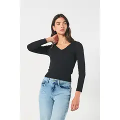KOAJ - Camiseta con cuello V unicolor y manga larga MUJER