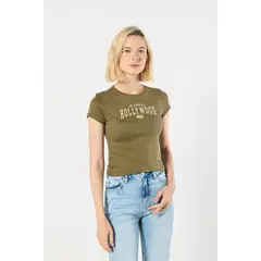 KOAJ - Camiseta verde en rib manga corta con diseño college Mujer