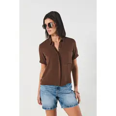 KOAJ - Blusa manga corta unicolor con botones ocultos Mujer