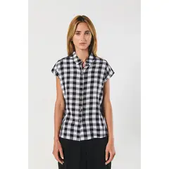 KOAJ - Blusa unicolor manga sisa con hombro rodado y botones Mujer