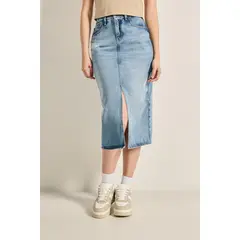 KOAJ - Falda en jean larga azul clara para mujer cuenta con aber MUJER