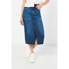 KOAJ - Falda larga en jean azul oscura con bolsillos y tiro al Mujer