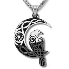 GENERICO - Collar Hombre Y Mujer Con Dije Cuervo Luna Celta Color Plata