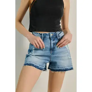 KOAJ - Short azul claro en jean con tiro alto, bordes deshilados MUJER