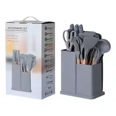 KITCHEN - Set 19 Utensilios De Cocina En Silicona Con Tabla De Picar Color Gris