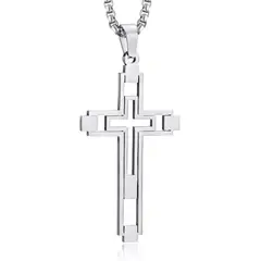GENERICO - Collar Para Hombre Con Dije Capas Cruz De Acero Color Plata