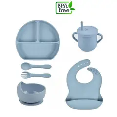 ZHOPI CO - Juego De Vajilla En Silicona Para Bebe Con Babero Azul