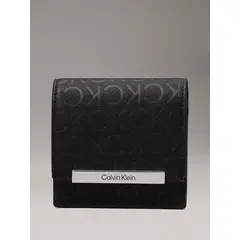 CALVIN KLEIN - Billetera negra de plegado triple con logo pequeño