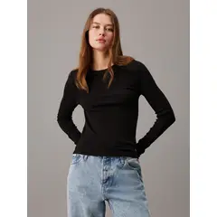 CALVIN KLEIN - Top negro de manga larga slim de canalé