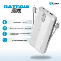IGOMA - Bateria Portatil De 10000mAh Con 3 Cables - Blanca