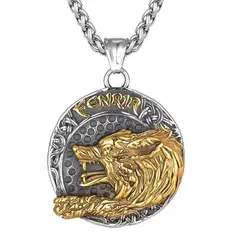 GENERICO - Collar Con Dije Lobo Fenrir Vikingo Acero Color Oro Hombre