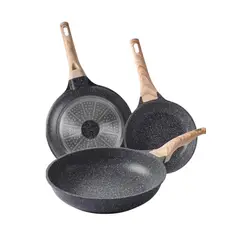 GENERICO - Juego Set 3 Sartenes Antiadherente Granito Marnol Cerámica Negro