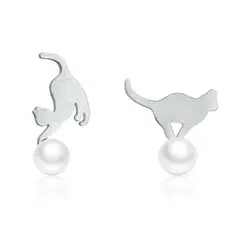 ALHAJAS - Aretes Topos Gato Con Perlas Para Mujer En Plata 925