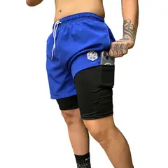 SAMDEL - Pantaloneta deportiva hombre GYM con licra Azul Rey.