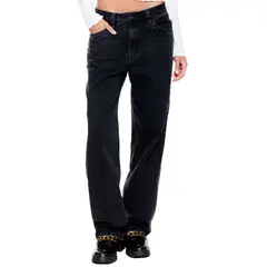 COLOR BLUE - Black Denim Medium Waist Wide Leg Jeans