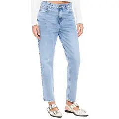 COLOR BLUE - High Waist Mom Fit Jeans Tono Medio Con Rotos