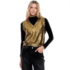 COLOR BLUE - Chaleco Cuello En V Efecto Foil