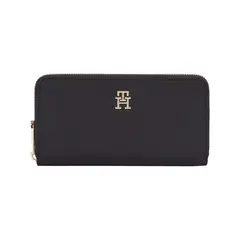 TOMMY HILFIGER - Billetera negra grande con cremallera y monograma TH