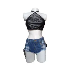 GENERICO - Conjunto short Jean sexy y blusa negra Talla única Lenceria Erótica