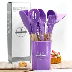 GENERICO - Utensilios para cocina en silicona con mango de madera 12 piezas