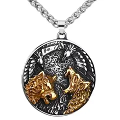 GENERICO - Collar Color Oro-plata Amuleto Lobos Vikingo Acero