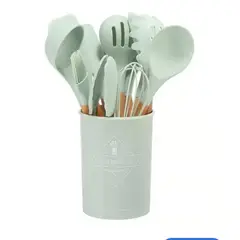GENERICO - Juego Utensilios Cocina Silicona X12 Sin Bpa Mango Madera