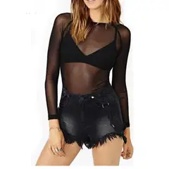 VIA7 - Blusa transparente no top gym o casual negro manga larga