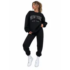 URBAN PLUS - Conjunto mujer buzo y pantalon negro sudadera new york