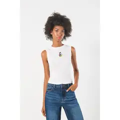 KOAJ - Camiseta manga sisa crema clara con estampado de Mickey Mujer