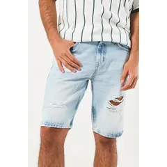 KOAJ - Bermuda tiro bajo en jean azul slim con rotos delanteros HOMBRE