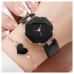 GENERICO - Elegante Reloj de Cuarzo + Pulsera + Cadena + Aretes - Negro