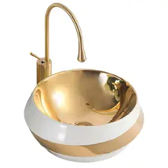 PAMO - Lavamanos Zenit Blanco Dorado - Vessel Redondo Sobreponer 40cm