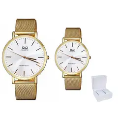Q&Q - Relojes de Pareja Acero Análogos Gold Luxe Estuche Lujo_.
