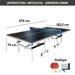 GENERICO - Mesa de Ping Pong Profesional Todo Incluido - Medidas Reglamentarias - 15mm - Negra