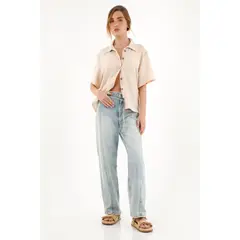 TOPMARK - Camisa manga corta de tela con textura crudo para mujer