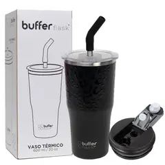 BUFFER FLASK - Mug Vaso Termo AguaCafe 570 Acero Inox+Tapas - Negro