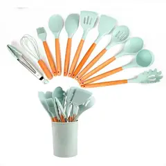 KITCHEN - Juego Utensilios Cocina Silicona x12 sin BPA Mango de Madera