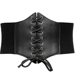 GENERICO - Cinturón de cuero sintético negro para mujer con cordones Corset