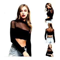 VIA7 - Blusa malla y licra manga larga cuello alto
